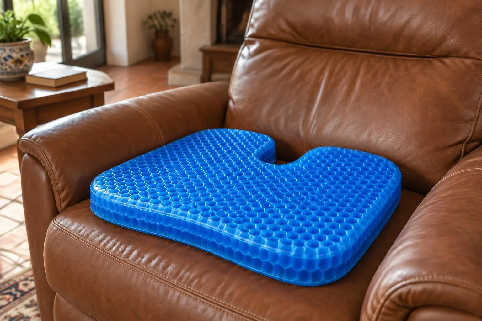Cojín de gel azul de doble capa con estructura de panal sobre un sillón de cuero marrón