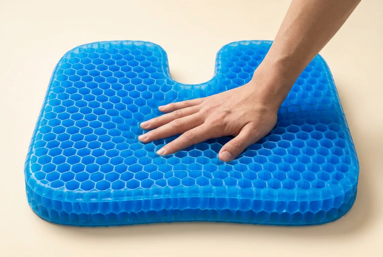 Mano presionando el cojín de gel azul y deformando su estructura de panal